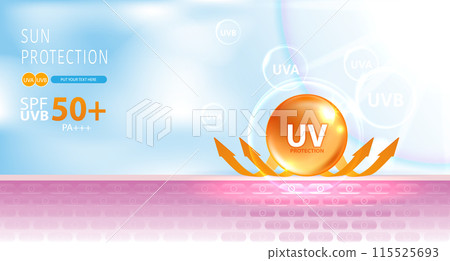 Protected shield from the sun's rays. degrees of protection against UV rays. UV protection your skin ultraviolet sunblock lotion. UV reflection skin after. cosmetic products design. vector design. 115525693