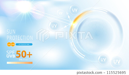 Protected shield from the sun's rays. degrees of protection against UV rays. UV protection your skin ultraviolet sunblock lotion. UV reflection skin after. cosmetic products design. vector design. 115525695