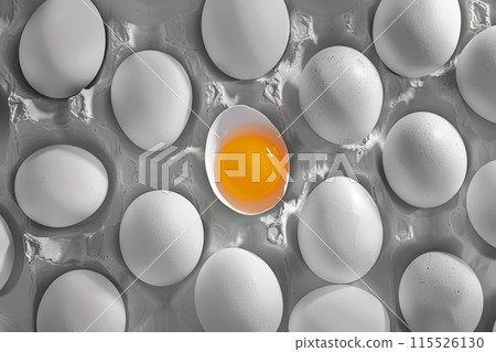 A single cracked open egg among rows of whole white eggs, contrast concept. One Broken Egg Among Many Whole Ones 115526130
