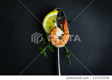 A spoonful of exquisite seafood topped with a lemon slice, presented on a dark, elegant background. Seafood Delicacy on a Spoon with Lemon A spoonful of exquisite seafood topped with a lemon slice, presented on a dark, elegant background. Seafood Delicacy on a Spoon with Lemon 115526140