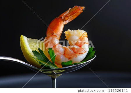 A luxurious shrimp cocktail with succulent shrimps and a slice of lemon, artistically presented in a martini glass against a dark background. Elegant Shrimp Cocktail with Lemon Garnish 115526141