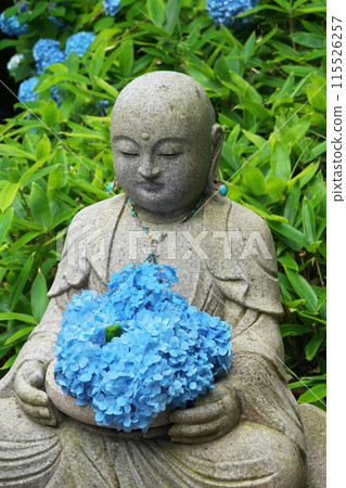 Early summer: Kamakura Meigetsuin Temple's Jizo statue holds a hydrangea 115526257