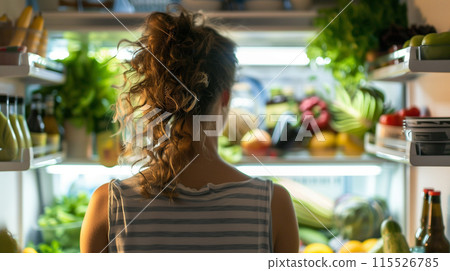 Back shot of a woman at the fridge, selecting fresh produce, emphasizing a healthy choice and lifestyle. 115526785