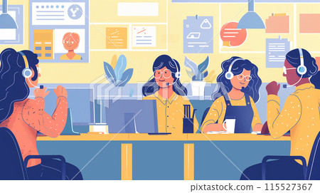 Flat illustration, behind the scenes at a customer support center, agents in lively discussions, tech-savvy environment, neat and clear layout with ample copy space Flat illustration, behind the scenes at a customer support center, agents in lively discussions, tech-savvy environment, neat and clear layout with ample copy space 115527367