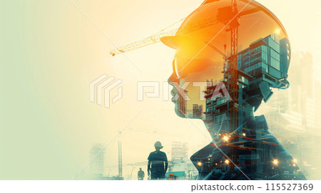 Graphic design illustration combining building engineering with double exposure effects, featuring construction professionals using modern technologies, with copyspace Graphic design illustration combining building engineering with double exposure effects, featuring construction professionals using modern technologies, with copyspace 115527369