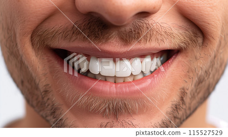 A close-up image of a man's confident smile, showcasing healthy white teeth and subtle facial hair details, perfect for dental hygiene and beauty projects 115527529