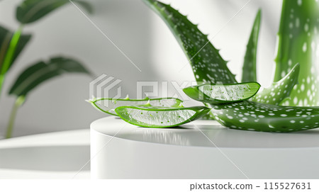 Natural skin care. Aloe vera slices on white podium. 115527631