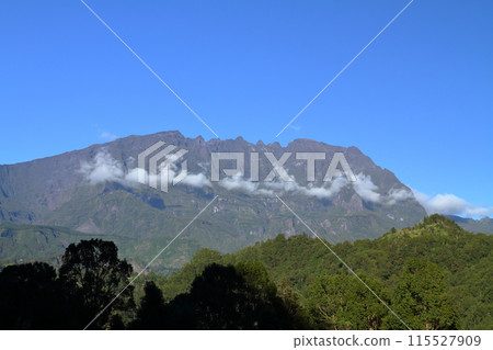 Mountain view from the hilltop of Salazy village, the base of the Salazy Valley, a World Heritage Site on the French overseas island of Reunion 115527909