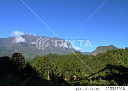 Mountain view from the hilltop of Salazy village, the base of the Salazy Valley, a World Heritage Site on the French overseas island of Reunion 115527910