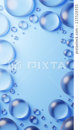 Multiple transparent round glass on light blue background. Top view. Copy space. 3D (portrait) Multiple transparent round glass on light blue background. Top view. Copy space. 3D (portrait) 115528355