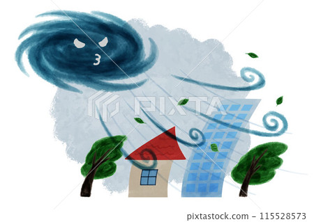 Watercolor vector illustration of a town and trees exposed to strong winds during a typhoon 115528573