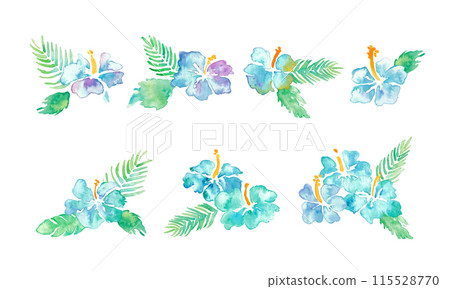 Watercolor painting. Hibiscus illustration with a watercolor touch. Tropical blue hibiscus vector watercolor frame background. Watercolor painting. Hibiscus illustration with a watercolor touch. Tropical blue hibiscus vector watercolor frame background. 115528770