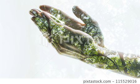AI-generated item. Double exposure of hands and nature background. Concept of ecology. 115529016