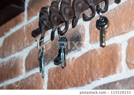 A cluster of keys is suspended from a hook on a brick surface A cluster of keys is suspended from a hook on a brick surface 115529133