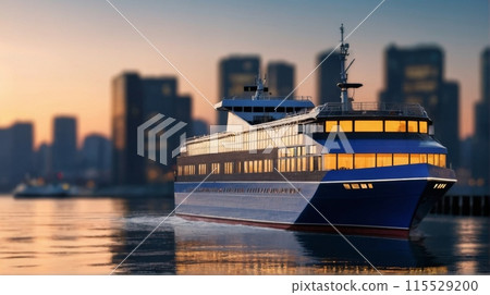 Rendering of a ferry approaching a dock in a port with numerous urban buildings in the background 115529200