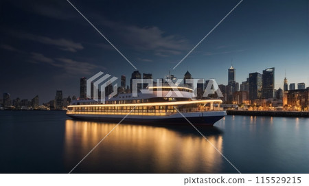 Rendering of a ferry approaching a dock in a port with numerous urban buildings in the background 115529215