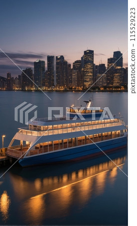Rendering of a ferry approaching a dock in a port with numerous urban buildings in the background Rendering of a ferry approaching a dock in a port with numerous urban buildings in the background 115529223