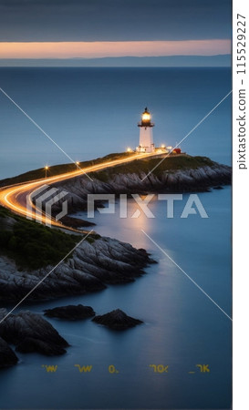 Image of a ferry passing by lighthouses and picturesque islands on the calm sea. 115529227