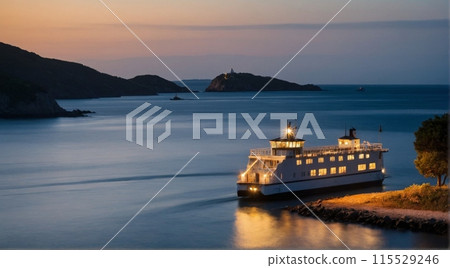 Image of a ferry passing by lighthouses and picturesque islands on the calm sea. 115529246