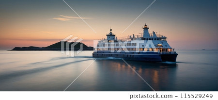 Image of a ferry passing by lighthouses and picturesque islands on the calm sea. 115529249