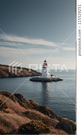 Image of a ferry passing by lighthouses and picturesque islands on the calm sea. Image of a ferry passing by lighthouses and picturesque islands on the calm sea. 115529251