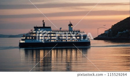 Image of a ferry passing by lighthouses and picturesque islands on the calm sea. 115529264