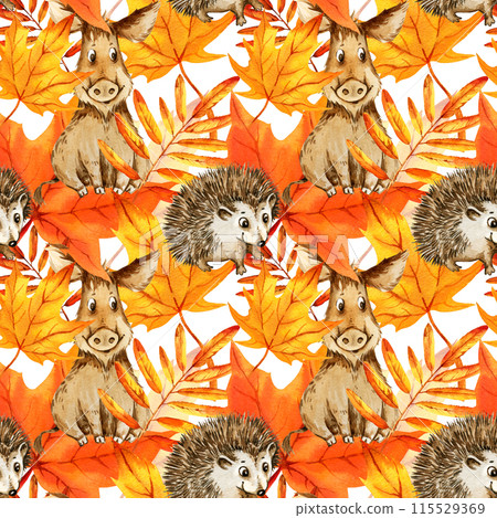 watercolor cartoon cute hedgehog and hog with autumn leaves, hand drawn illustration of yellow and orange maple leaves, mountain ash leaves, seamless pattern white background, for autumn posters watercolor cartoon cute hedgehog and hog with autumn leaves, hand drawn illustration of yellow and orange maple leaves, mountain ash leaves, seamless pattern white background, for autumn posters 115529369
