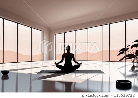 Woman meditating in a sunlit yoga studio on a light floor. 115529728
