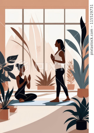 Group of diverse individuals engaging in health and wellness practices in sunlit room with plants. 115529731