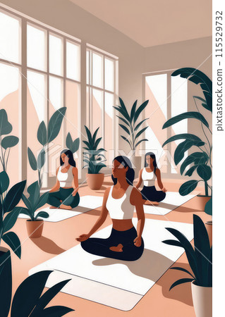 Meditating with group during yoga session in sunlit room with plants. 115529732