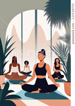 Meditating with group during yoga session in sunlit room with plants. 115529733