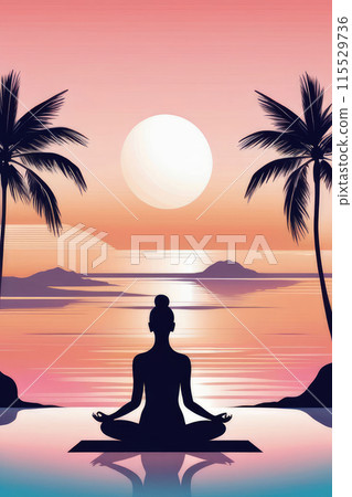 Meditating with group during yoga session tropical sunset meditation by the beach. 115529736