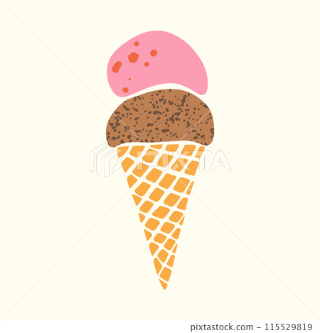 Ice-cream cone vector illustration. Hand drawn cute colorful wafer cone with chocolate and strawberry gelato balls with texture for cards, menu, packaging, textile print, decoration. Summer treat Ice-cream cone vector illustration. Hand drawn cute colorful wafer cone with chocolate and strawberry gelato balls with texture for cards, menu, packaging, textile print, decoration. Summer treat 115529819