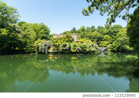Inokashira Park, Inokashira Pond and the fountain overlooking Inokashira Benzaiten Daishoji Temple, clear summer sky, Mitaka City, Tokyo 115529895