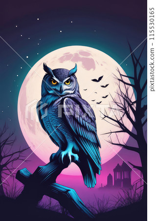 Owl perches under moonlight on a mystical night in the haunting Halloween neon night. 115530165