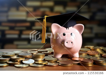 Piggy bank wearing graduation cap surrounded by coins. Student loan and savings. Generative Ai 115530166