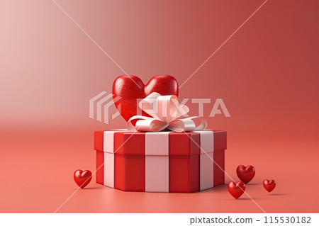 Present with red hearts. Gifts boxes. Valentine's day concept. Copy space for design, text or logo. Generative Ai 115530182