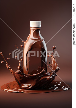 Chocolate milk Bottle mockup with chocolate splash. Blank space for a label, text, logo design. Generative Ai 115530214