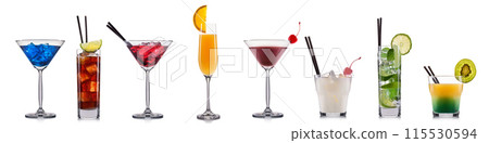 Set of cocktails with decoration from fruits isolated on white background Set of cocktails with decoration from fruits isolated on white background 115530594