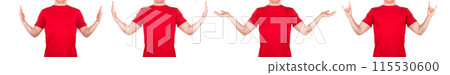 Man in red t-shirt showing or holding something in his arm on white background Man in red t-shirt showing or holding something in his arm on white background 115530600