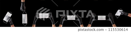 Hand in black gloves wearing disposable face mask isolated on black background 115530614