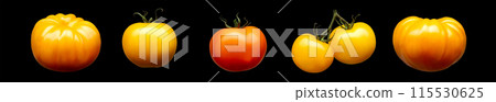 Set of tomatoes. oranges and apples isolated on black background 115530625