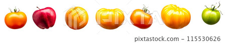 Set of tomatoes. oranges and apples isolated on white background 115530626