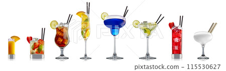 Set of cocktails with decoration from fruits isolated on white background 115530627