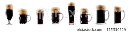 Set of beer cocktails with foam isolated on white background Set of beer cocktails with foam isolated on white background 115530629