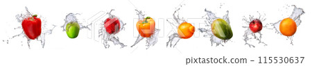 Group of fruits with water splash isolated on white background 115530637