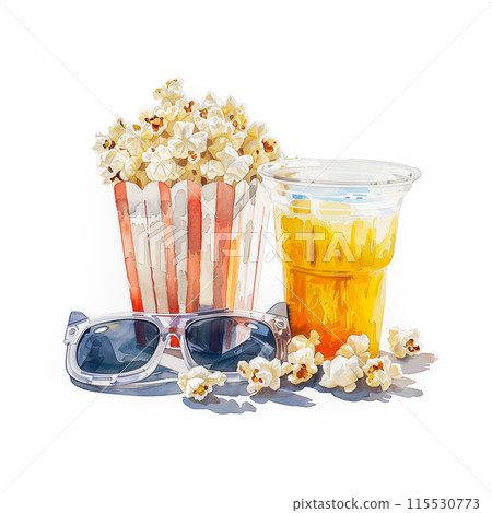 Watercolor illustration of a movie watching set on white background 115530773