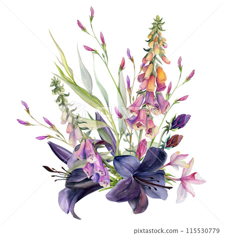 Hand drawn watercolor illustration botanical flowers leaves. Lily clivia amaryllis, foxglove snapdragon lupin, pink lobelia jasmine, willow eucalyptus. Bouquet isolated white. Design wedding, cards Hand drawn watercolor illustration botanical flowers leaves. Lily clivia amaryllis, foxglove snapdragon lupin, pink lobelia jasmine, willow eucalyptus. Bouquet isolated white. Design wedding, cards 115530779