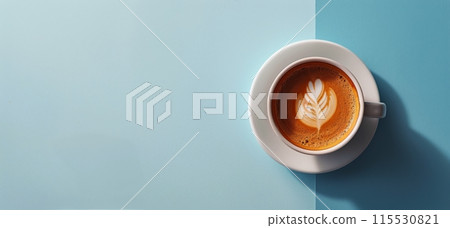A Cup of Coffee With White Flowers on a Blue and White Background 115530821