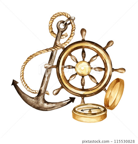 watercolor old metal rusty nautical, marine anchor and rope, vintage brown textured boat steering wheel, navigation compass, marine illustration isolated on white background, for marine pictures watercolor old metal rusty nautical, marine anchor and rope, vintage brown textured boat steering wheel, navigation compass, marine illustration isolated on white background, for marine pictures 115530828